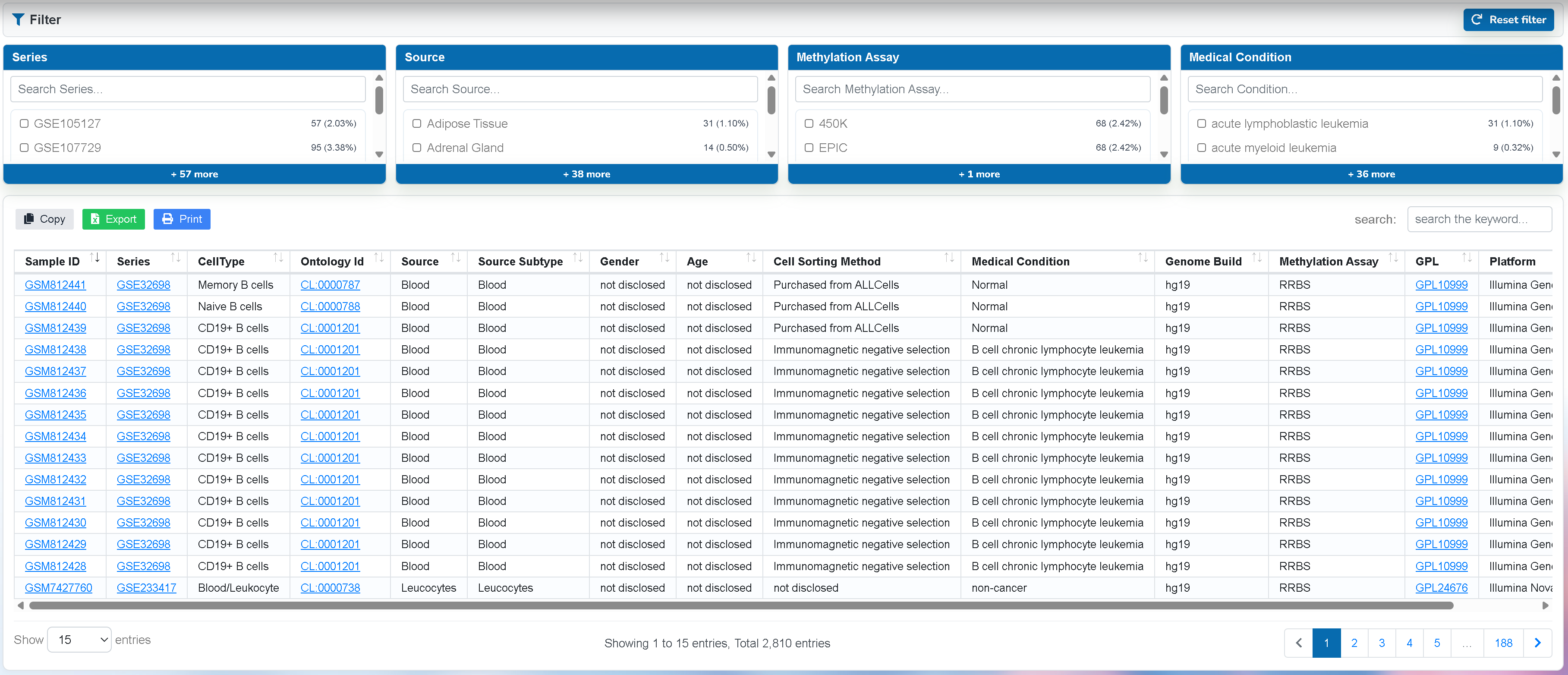 Sample Metadata Search interface