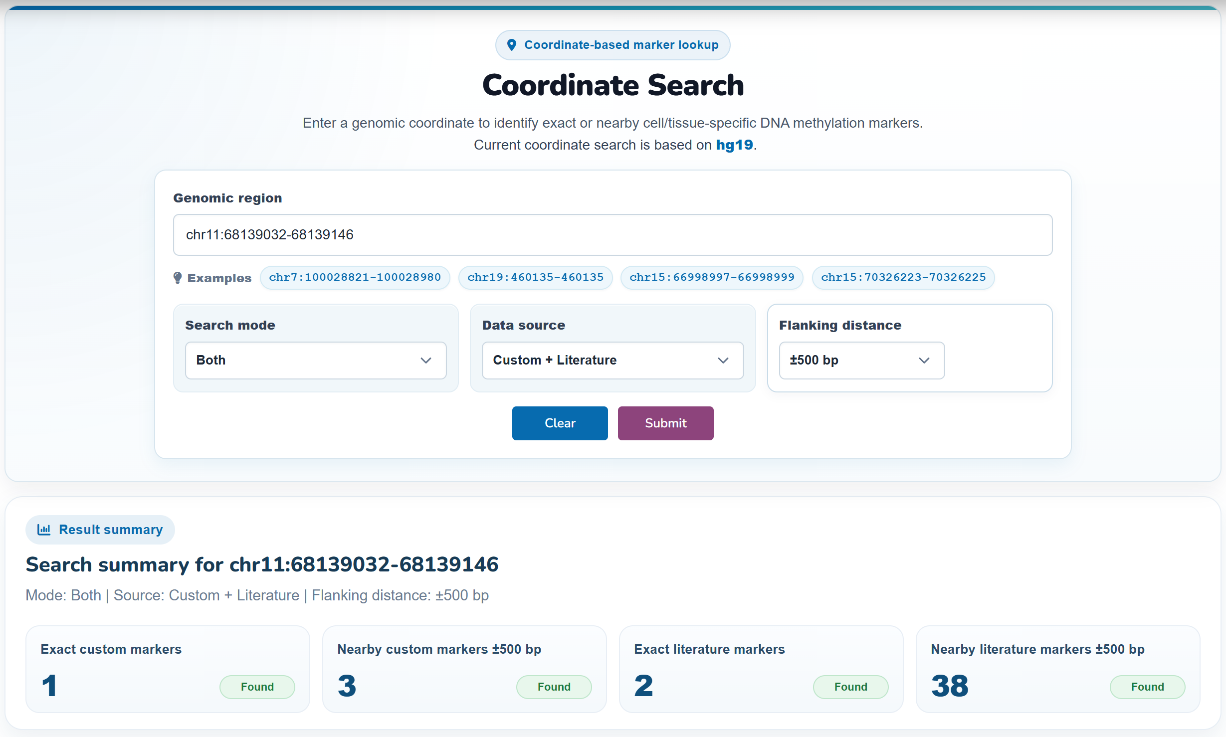 Coordinate Search interface